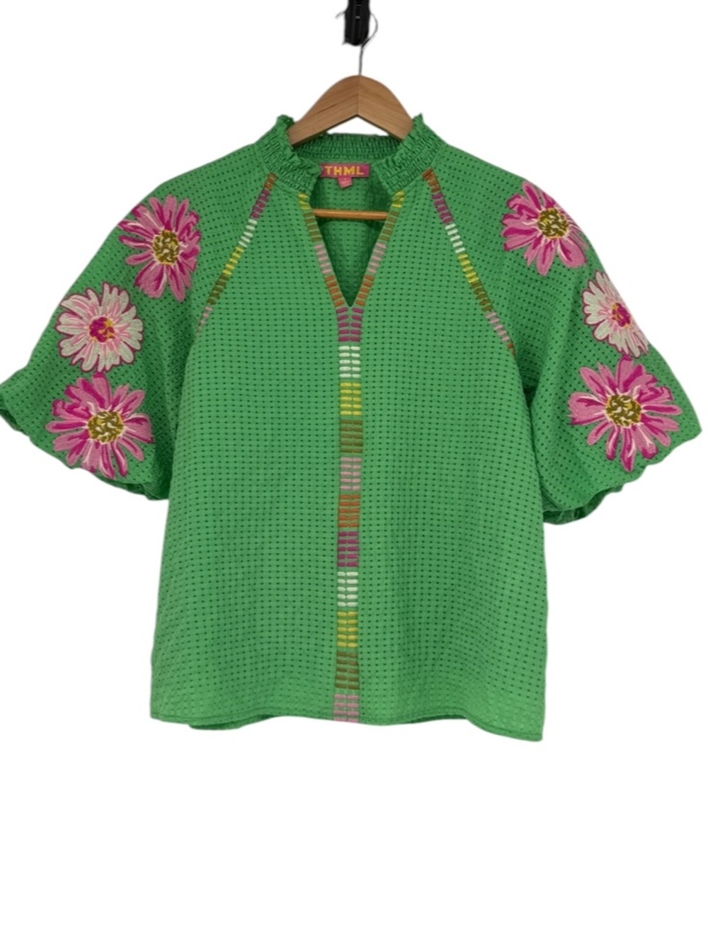 THML Green Pink Embroidered Textured Puff Balloon Sleeve Top Size Small NWOT